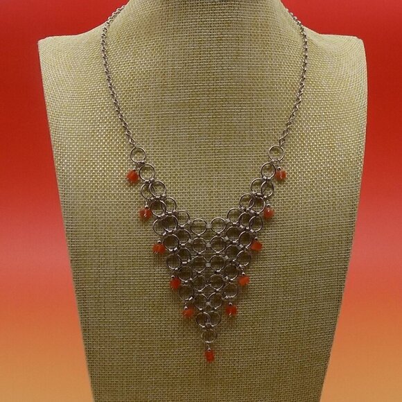 Vintage Mesh Choker Bib Necklace Silver Tone Orange Glass Square Beads - Picture 11 of 11